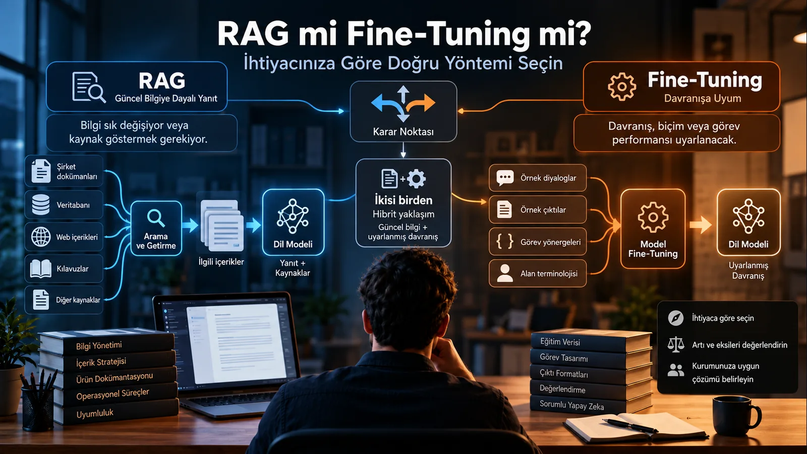 RAG ve fine-tuning yöntemlerini veri, maliyet ve kullanım amacıyla karşılaştıran şema
