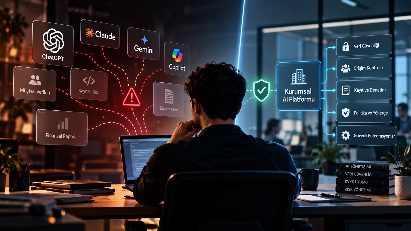 Onaysız yapay zekâ araçlarının veri ve güvenlik risklerini gösteren Shadow AI şeması