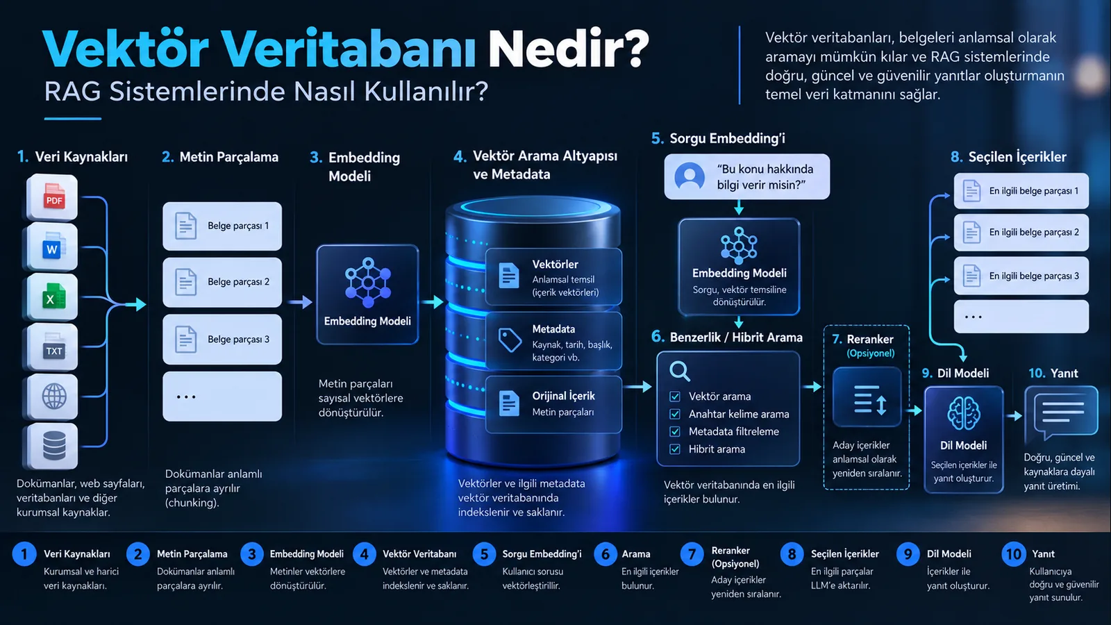 RAG sisteminde embedding ve vektör veritabanı üzerinden anlamsal arama akışı